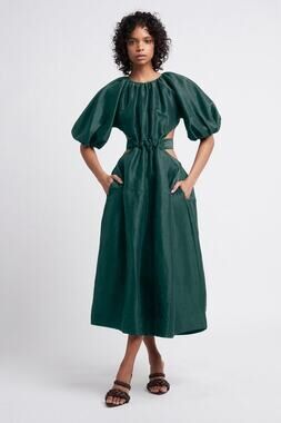 AJE Emerald Green Mimosa Cut-Out Waist Tie Detail Full Skirt Pockets Midi Dress